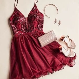 Sequin and Mesh Fit-and-Flare Short Dress